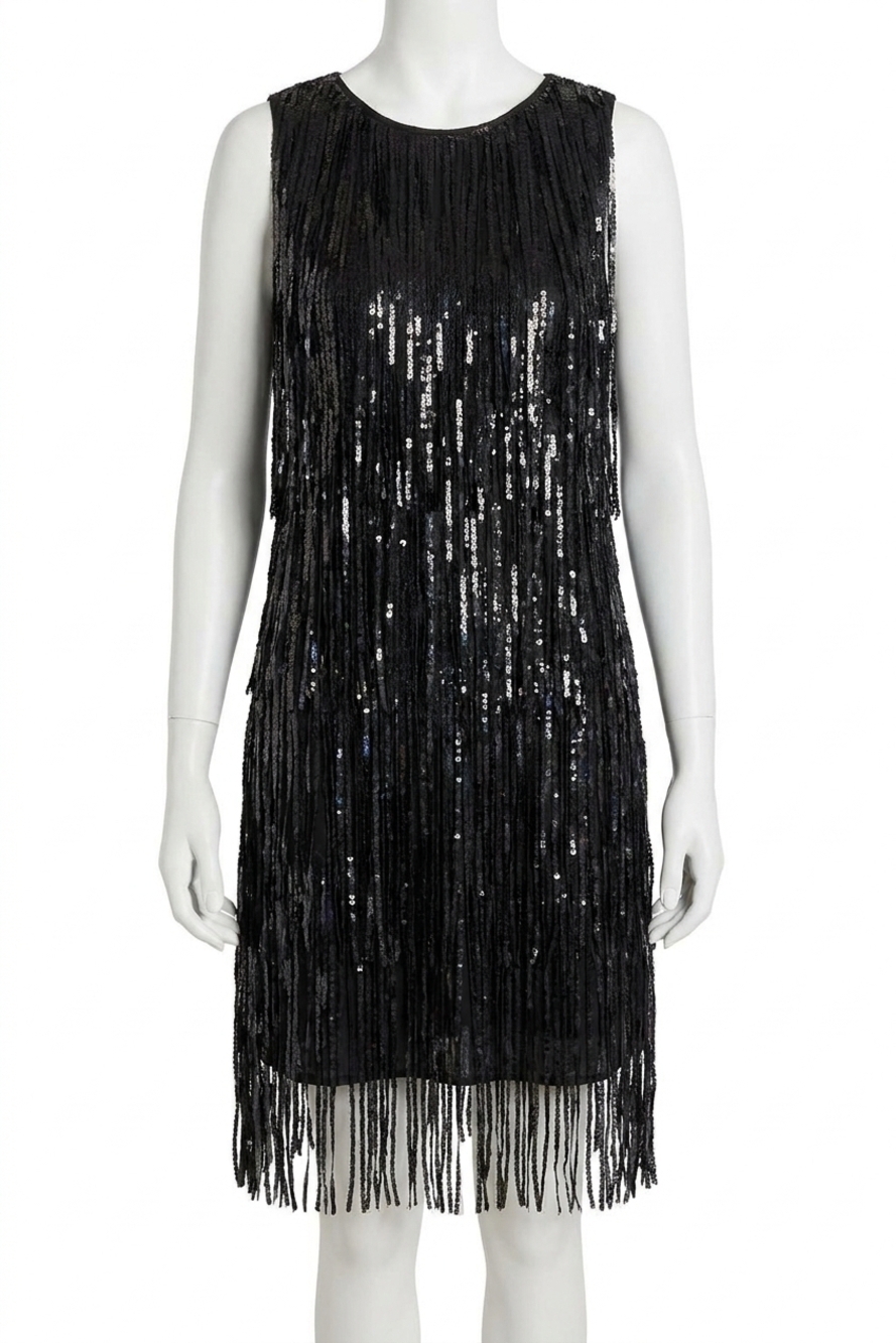 NEW VINE & LOVE sequin twirl fringe mini dress in black